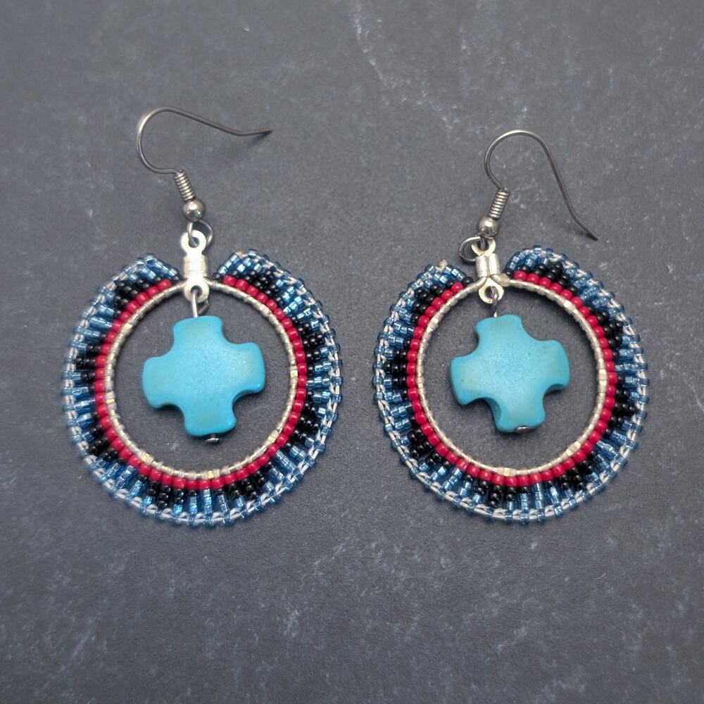 Vintage Dangle Earrings Dangle Drop Beaded Blue, Red, Turquoise Tone Statement